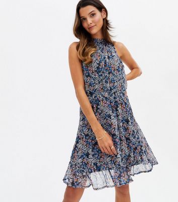 sleeveless blue floral dress