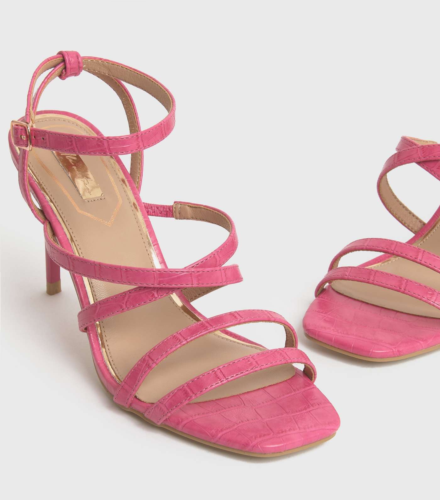Little Mistress Bright Pink Faux Croc Strappy Stiletto Sandals Image 3