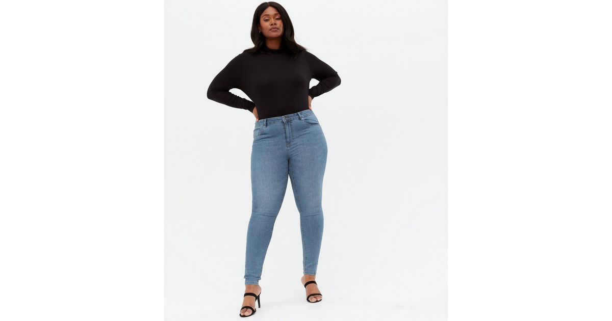 ONLY Curves Blue Mid Wash High Rise Skinny Jeans | New Look