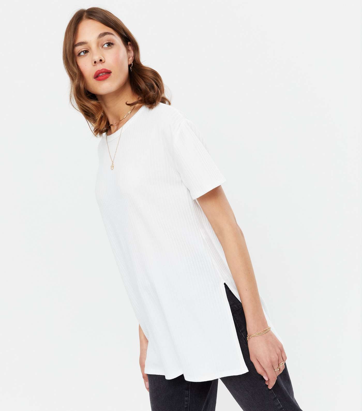 White Soft Ribbed Long T-Shirt  Image 2