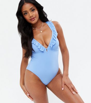 blue ruffle swimsuit