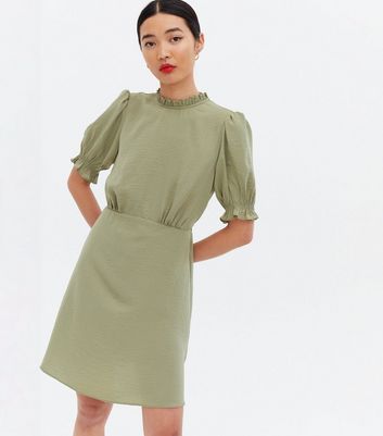 Olive Herringbone Frill High Neck Mini Dress | New Look