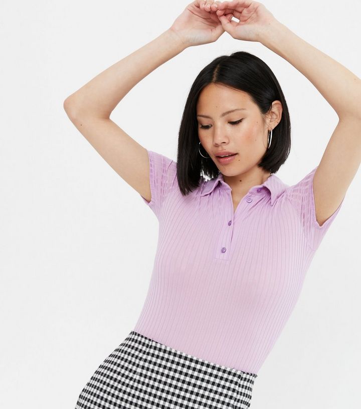 Lilac Ribbed Collared Bodysuit New Look