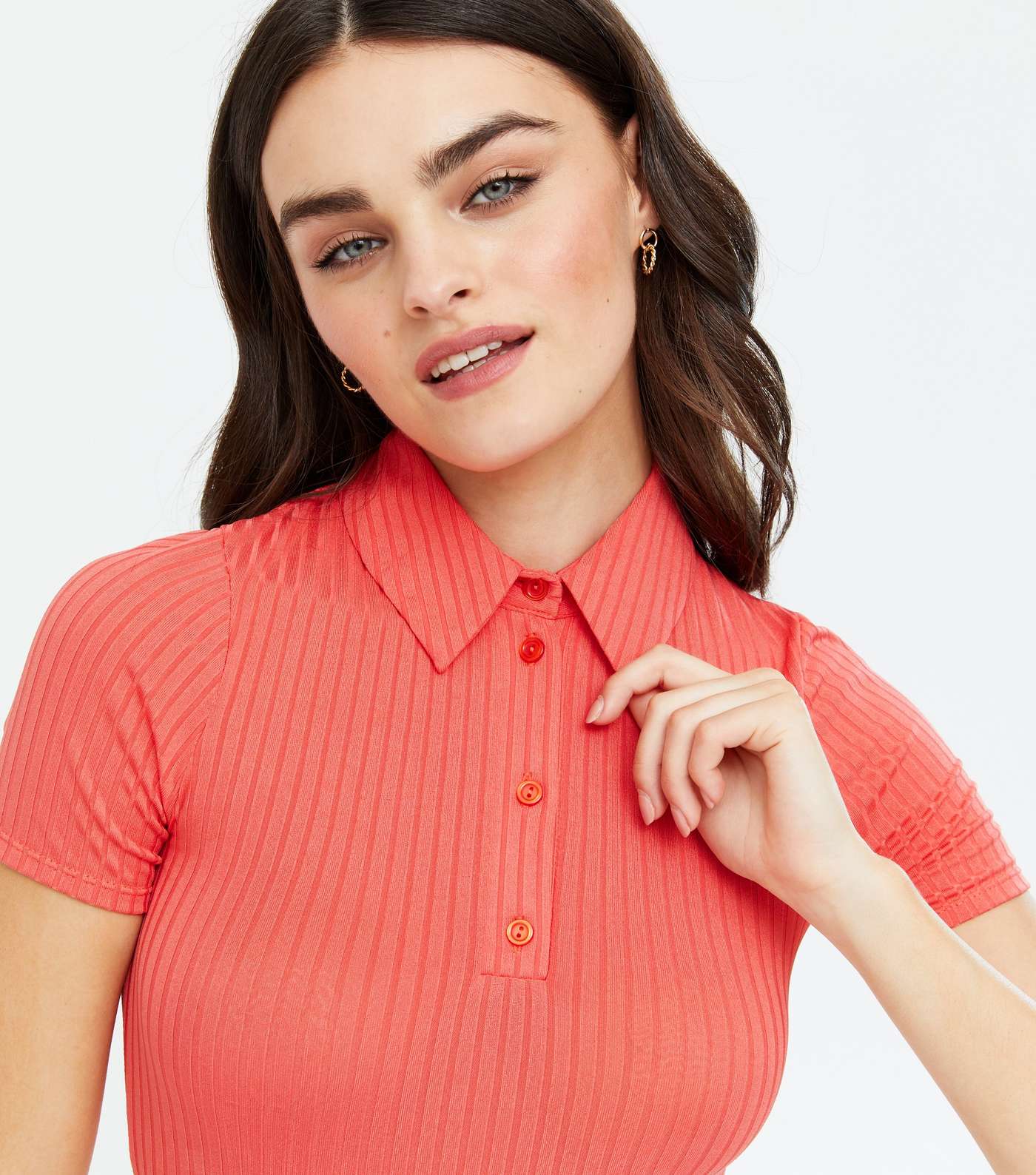 Coral Ribbed Collared Bodysuit 