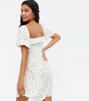 White Lemon Shirred Ruffle Mini Dress 