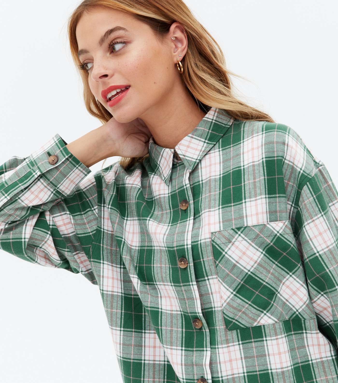 Petite Green Check Long Sleeve Oversized Shirt