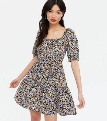 floral square neck tie front dress