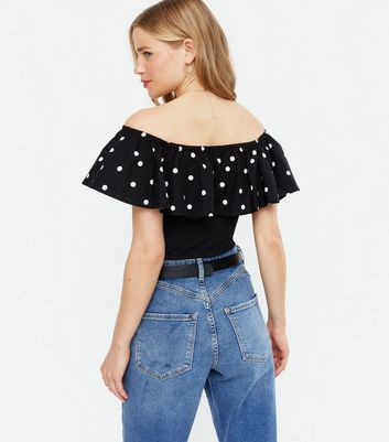 Black Spot Ribbed Frill Bardot Bodysuit New Look