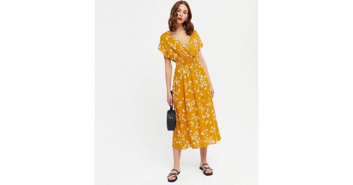 Yellow Floral Shirred Wrap Midi Dress | New Look