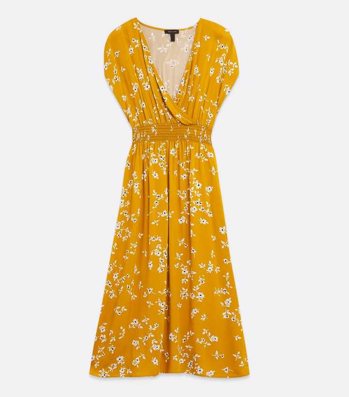 Yellow Floral Shirred Wrap Midi Dress