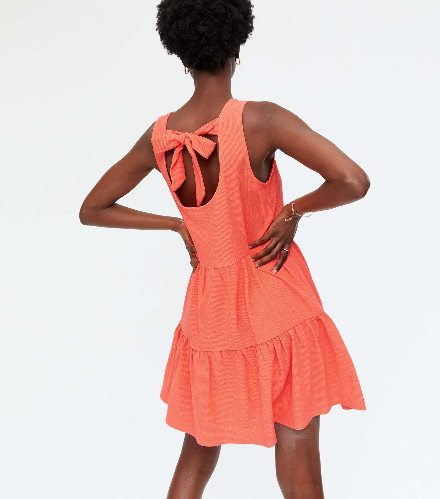 Coral Crinkle Tiered Mini Dress Image 4