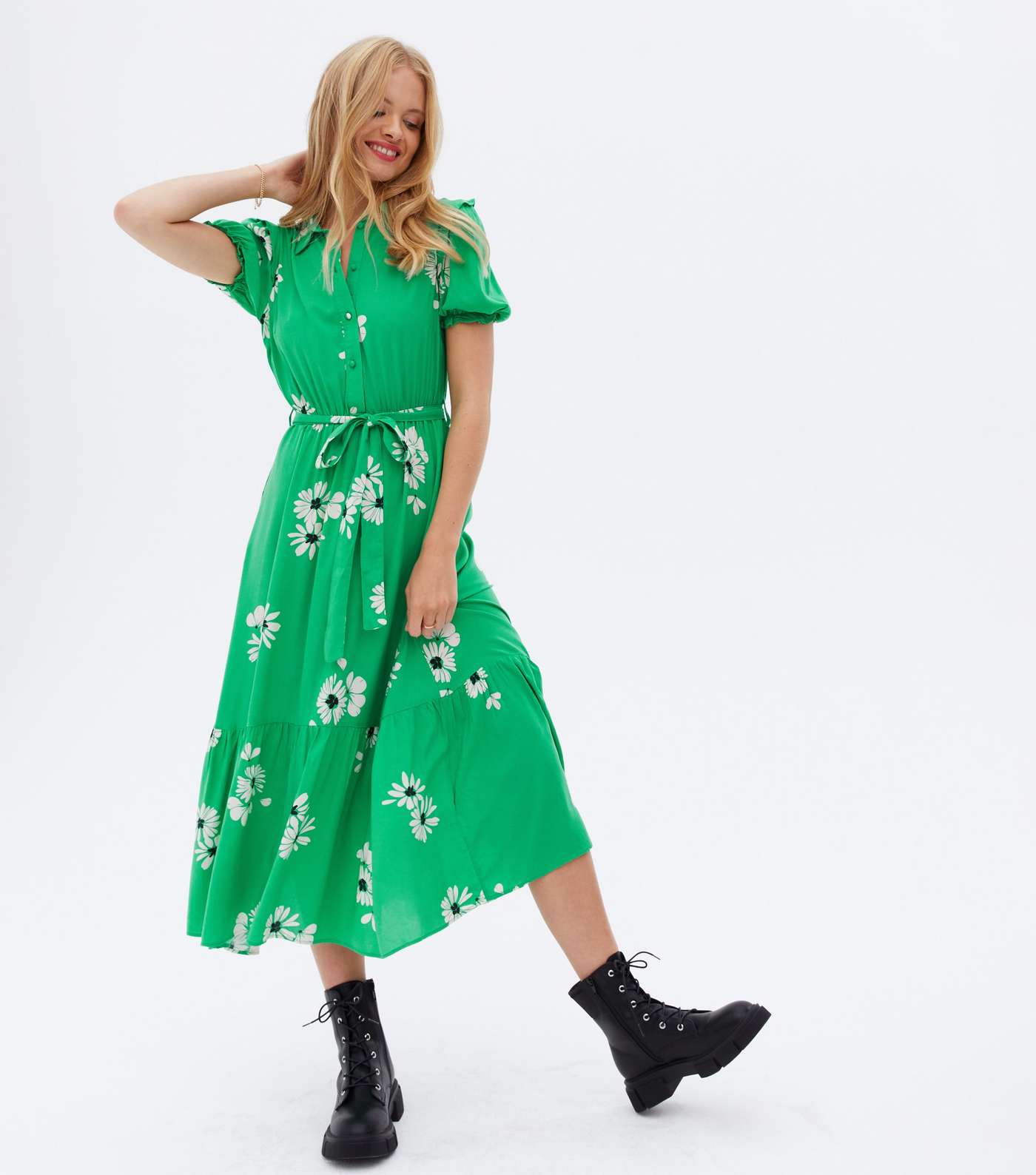 Green Floral Tiered Midi Shirt Dress