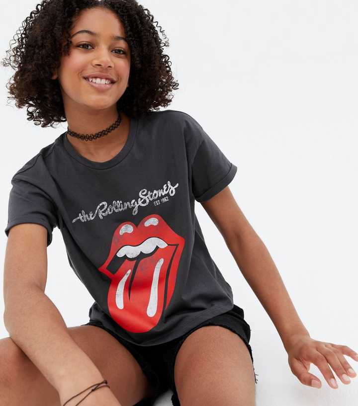Girls Dark Grey Stones Logo T-Shirt New