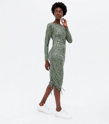 long sleeve green leopard print dress