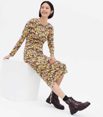 JDY Yellow Floral Long Sleeve Midi Dress