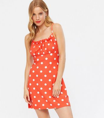 Wednesdays Girl Red Spot Ruched Slip Dress New Look