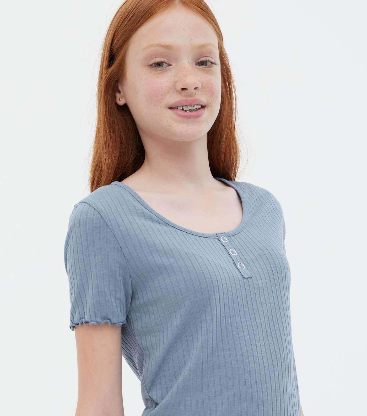 Girls Blue Ribbed Frill Popper T-Shirt Image 3