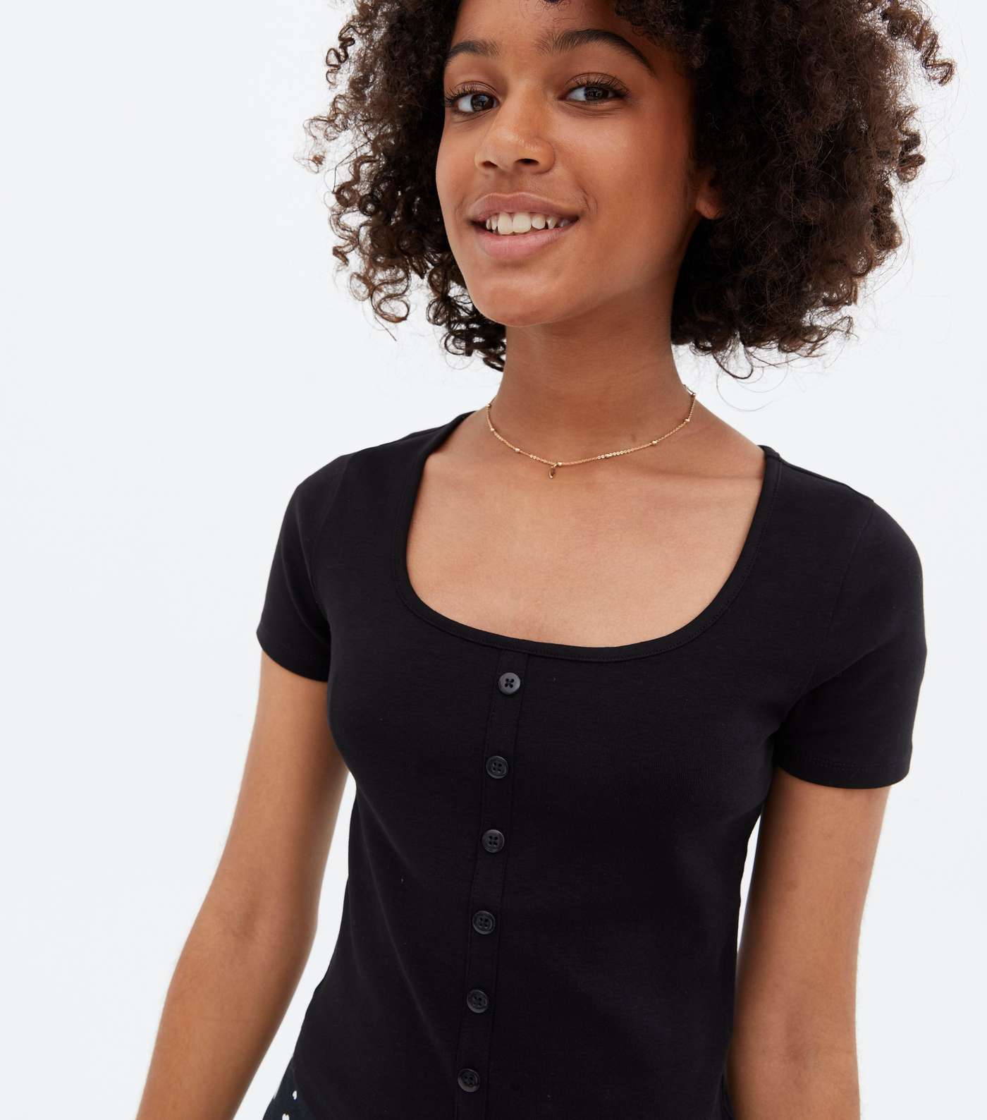 Girls Black Ribbed Button Scoop Neck T-Shirt Image 3