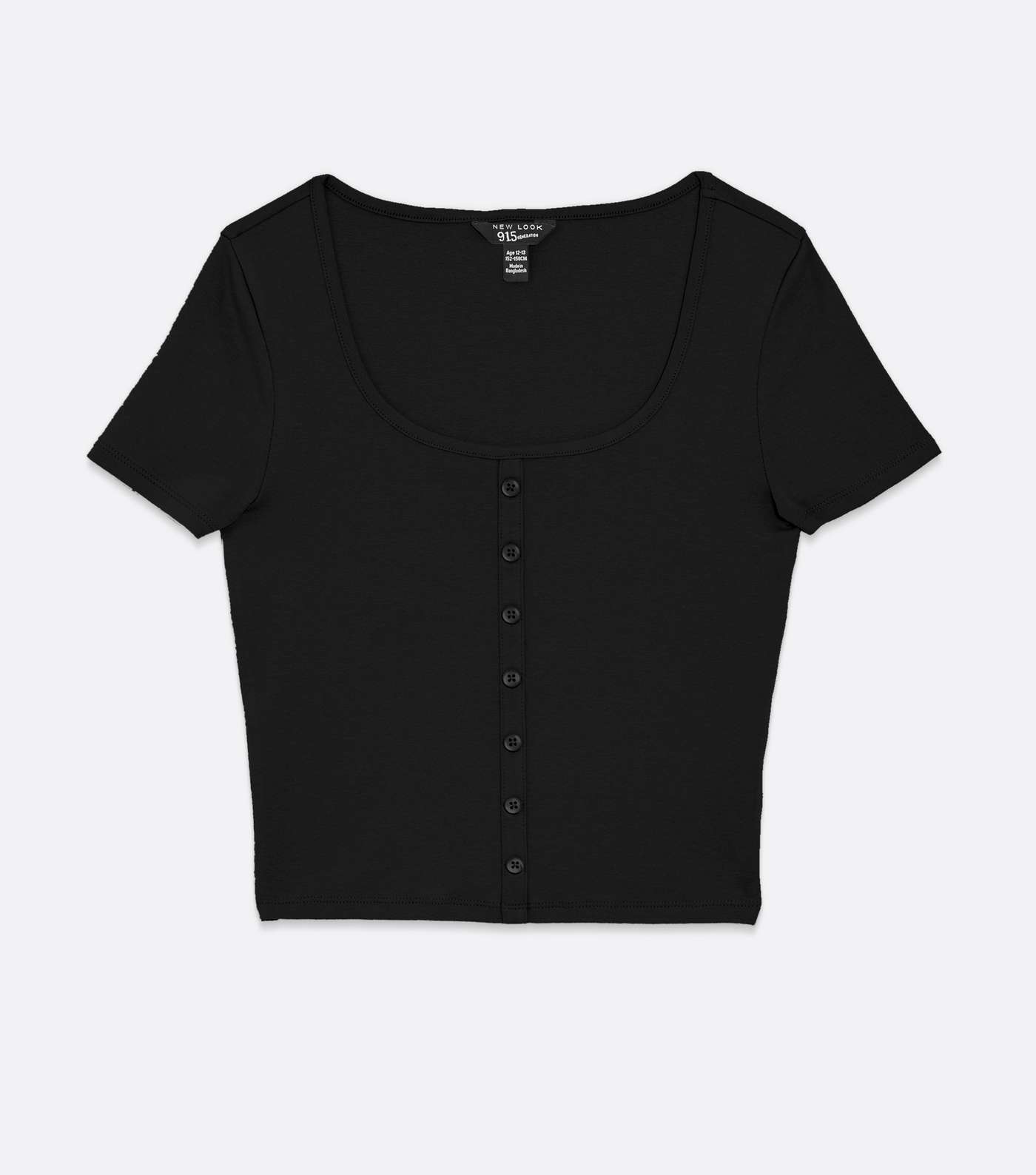Girls Black Ribbed Button Scoop Neck T-Shirt Image 5