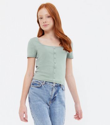 Girls Light Green Ribbed Button Scoop 