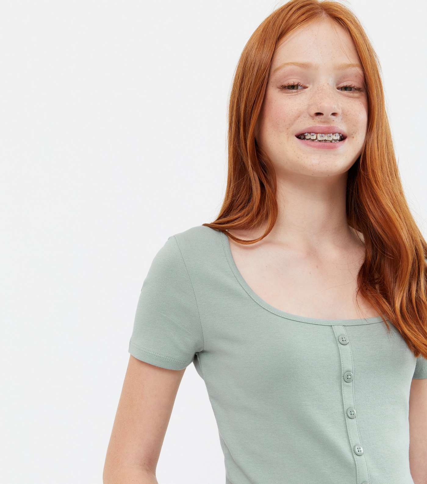 Girls Light Green Ribbed Button Scoop Neck T-Shirt Image 3