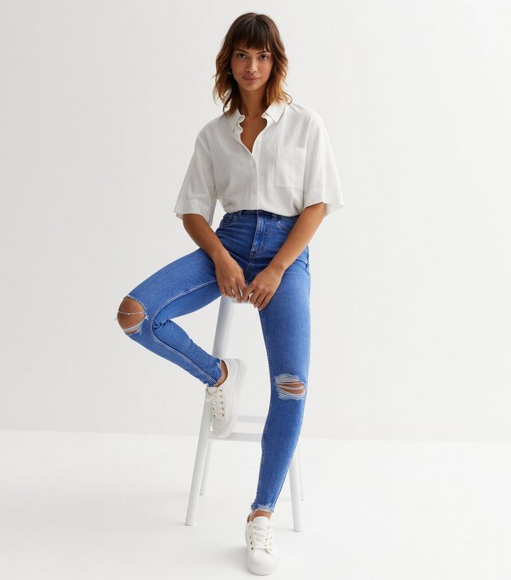 Bright Ripped High Waist Hallie Jeans | New Look