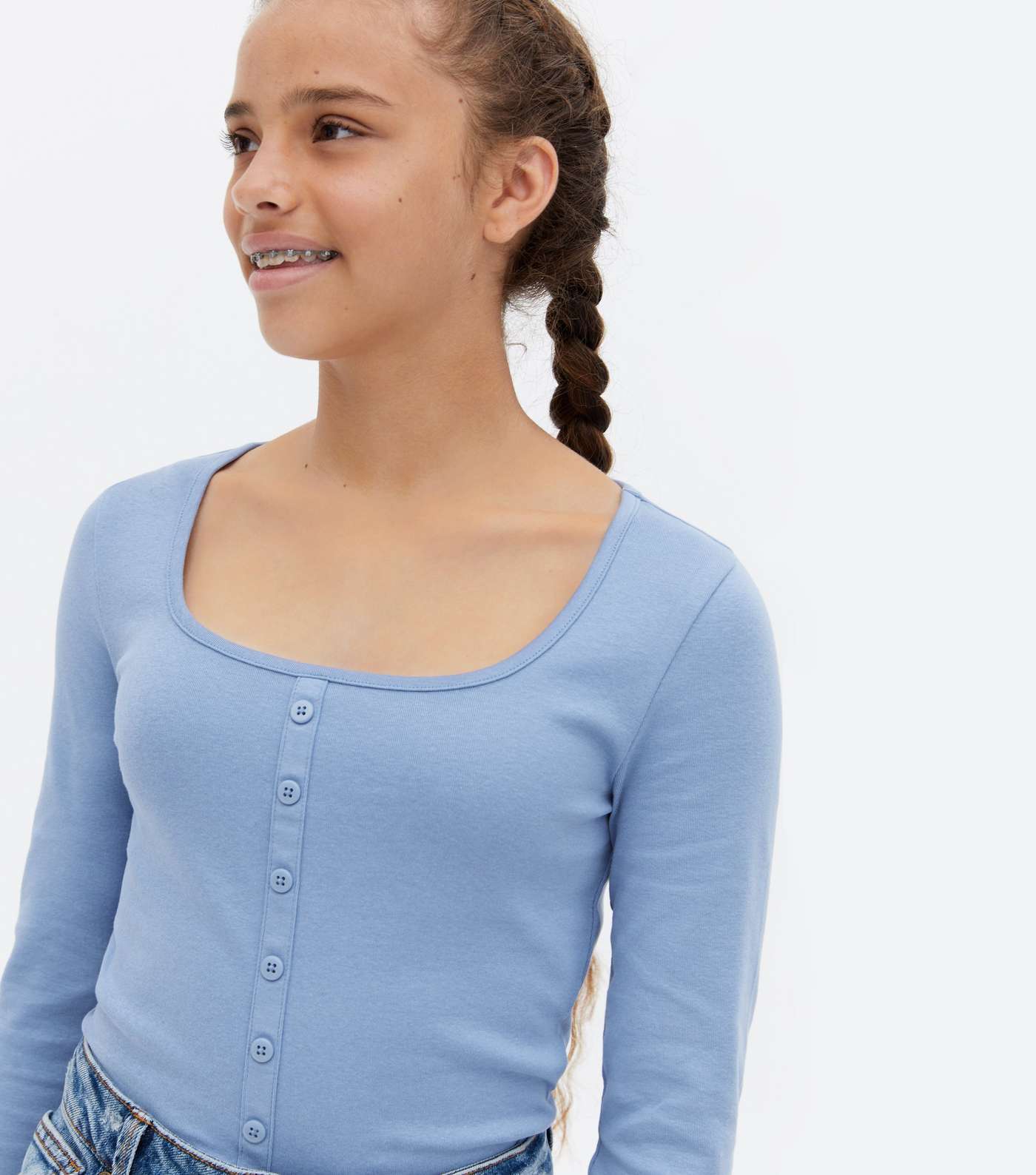 Girls Blue Scoop Neck Button Long Sleeve Top Image 3