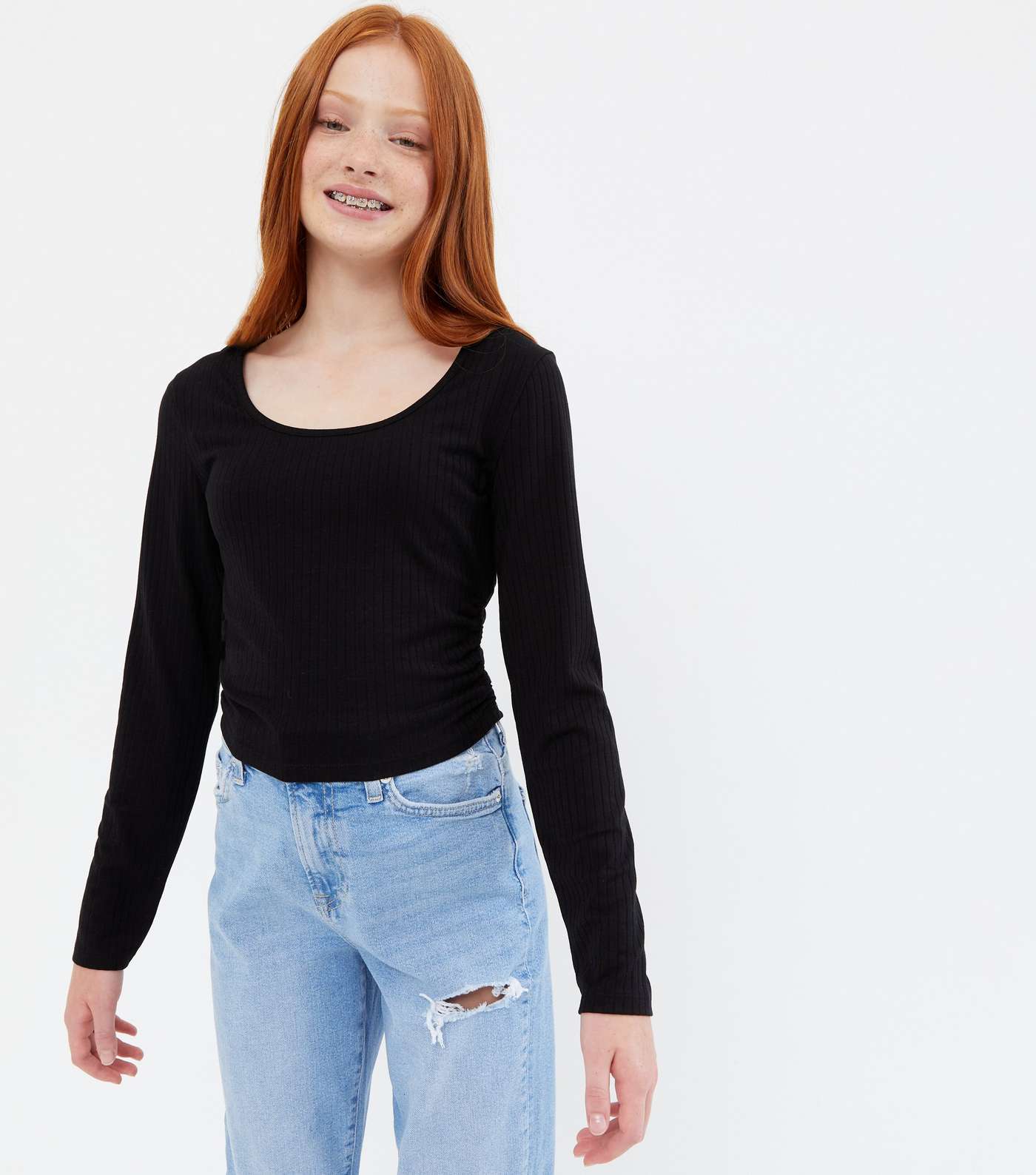 Girls Black Ribbed Ruched Side Long Sleeve Top