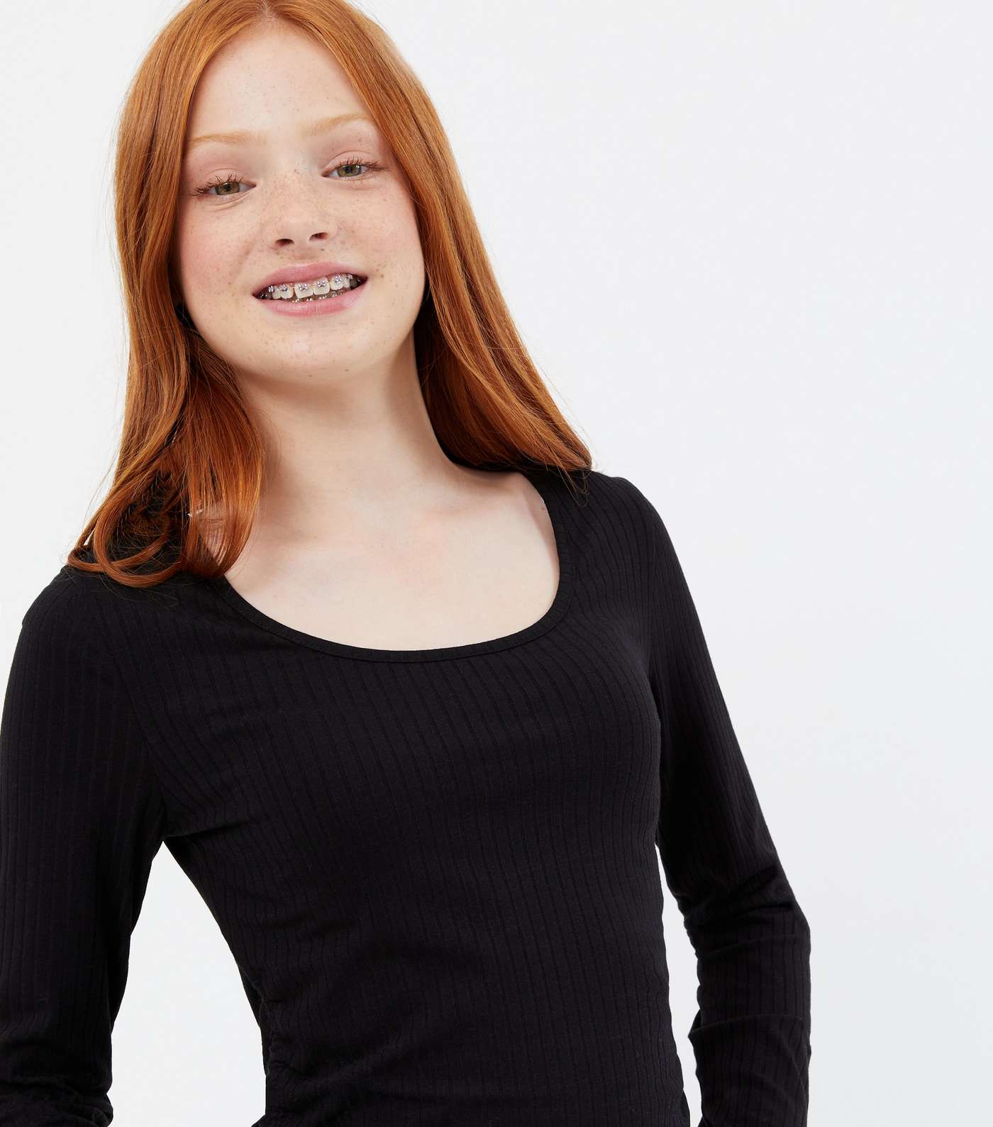 Girls Black Ribbed Ruched Side Long Sleeve Top Image 3