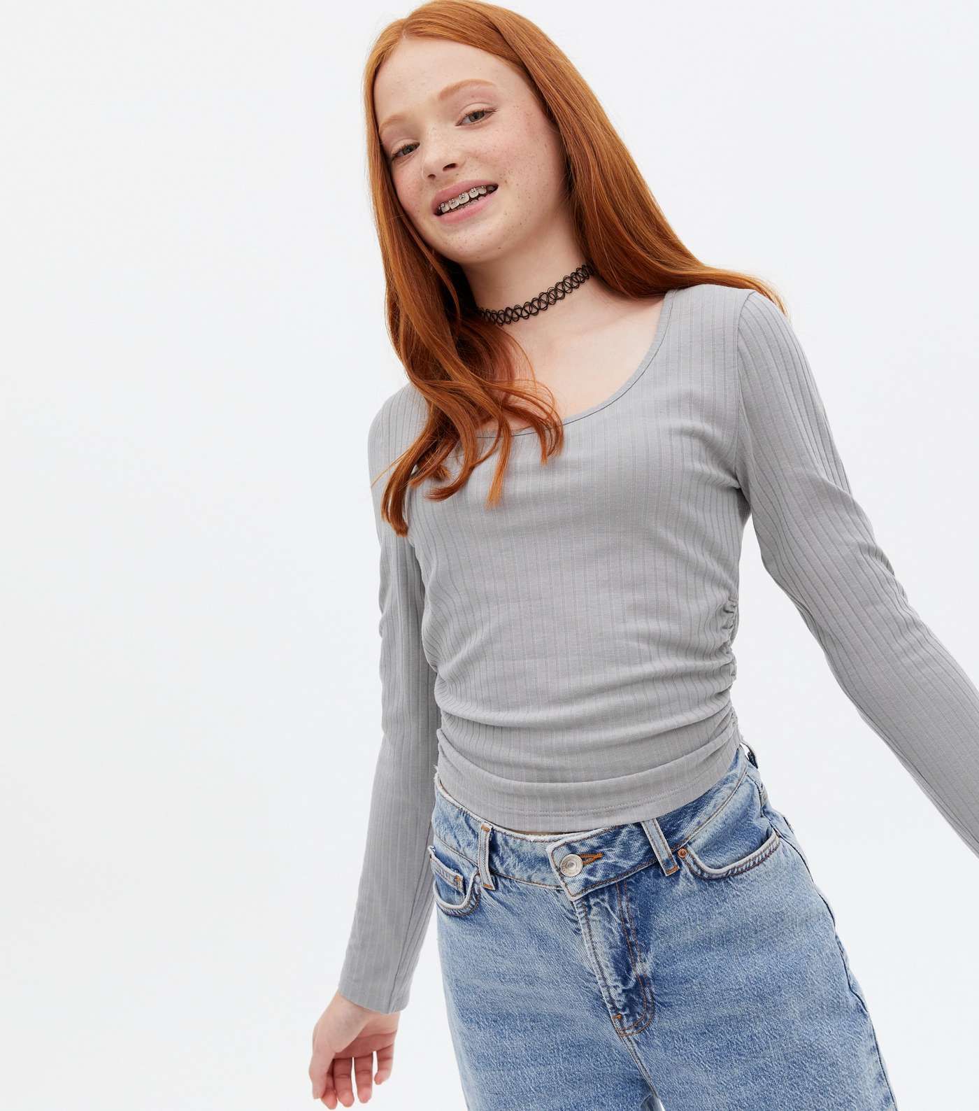 Girls Grey Ribbed Ruched Side Long Sleeve Top