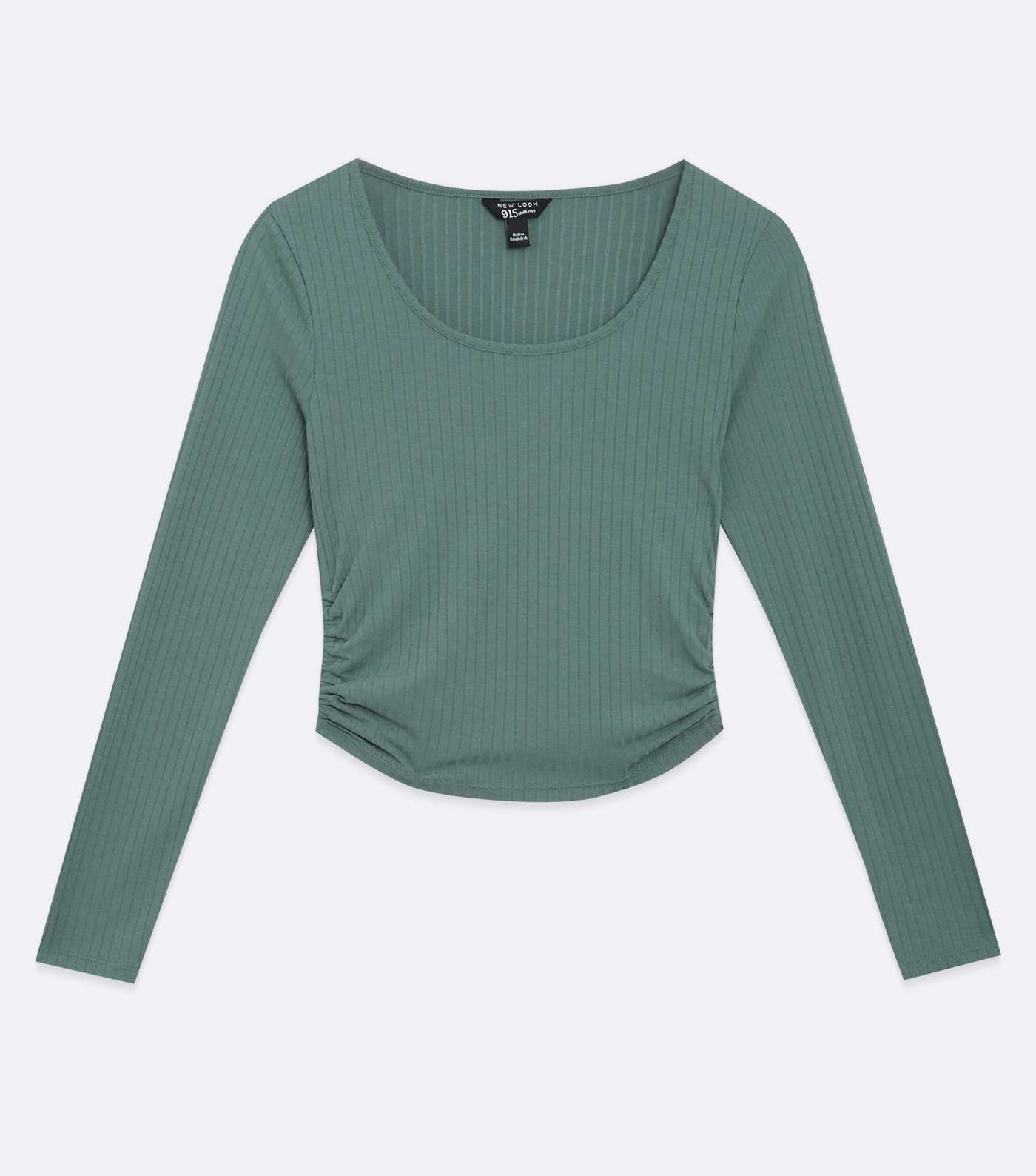Girls Dark Green Ribbed Ruched Side Long Sleeve Top Image 5