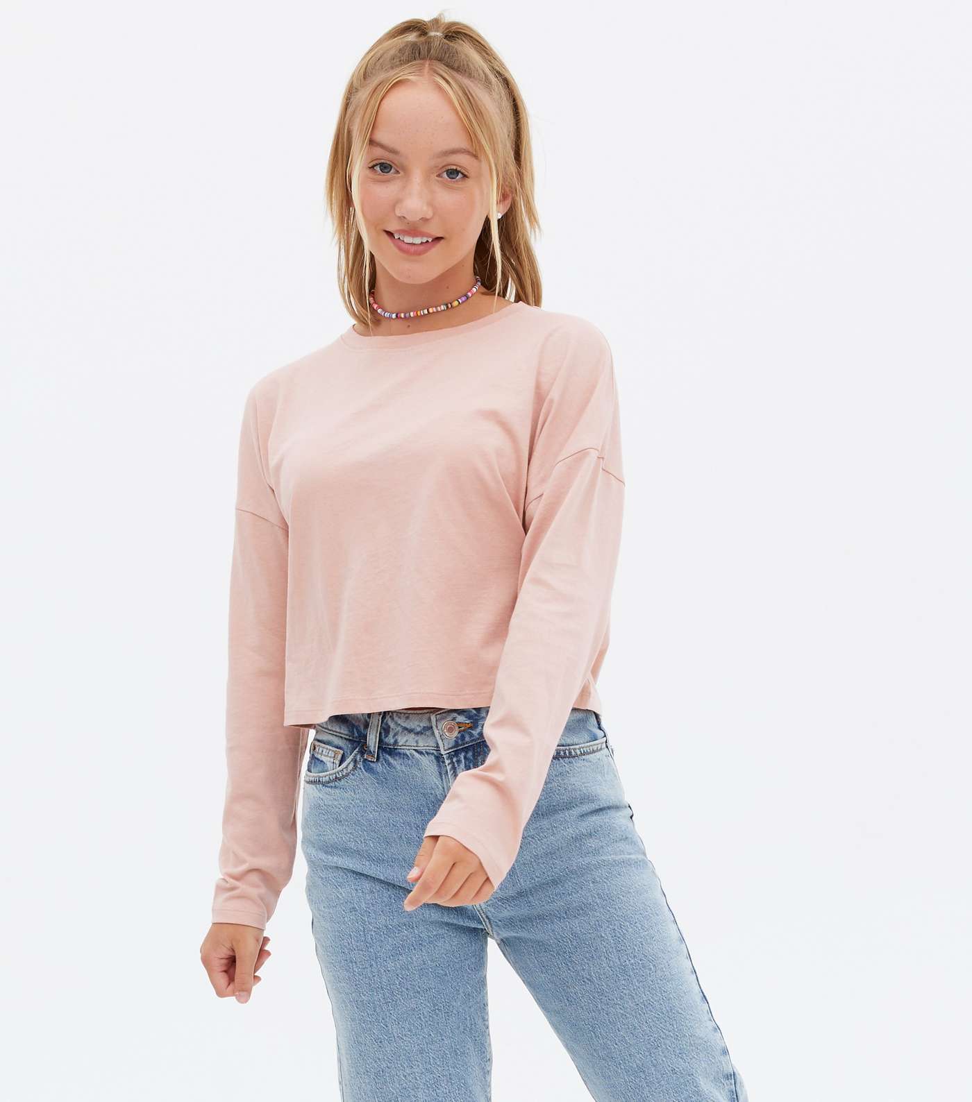 Girls Pale Pink Boxy Fit Crew Long Sleeve Top Image 2