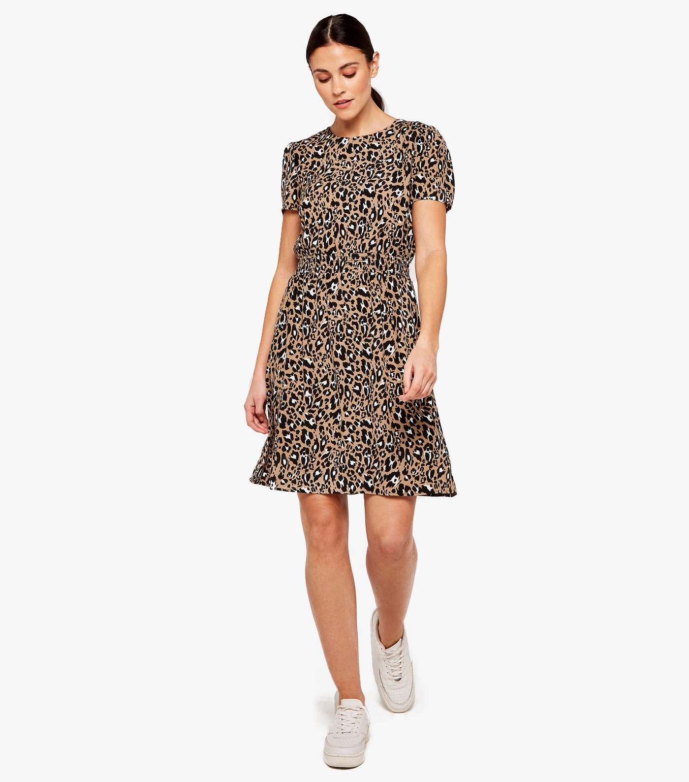 Apricot Stone Leopard Print Shirred Waist Dress Image 2