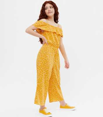 Girls Yellow Floral Cold Shoulder Frill Jumpsuit