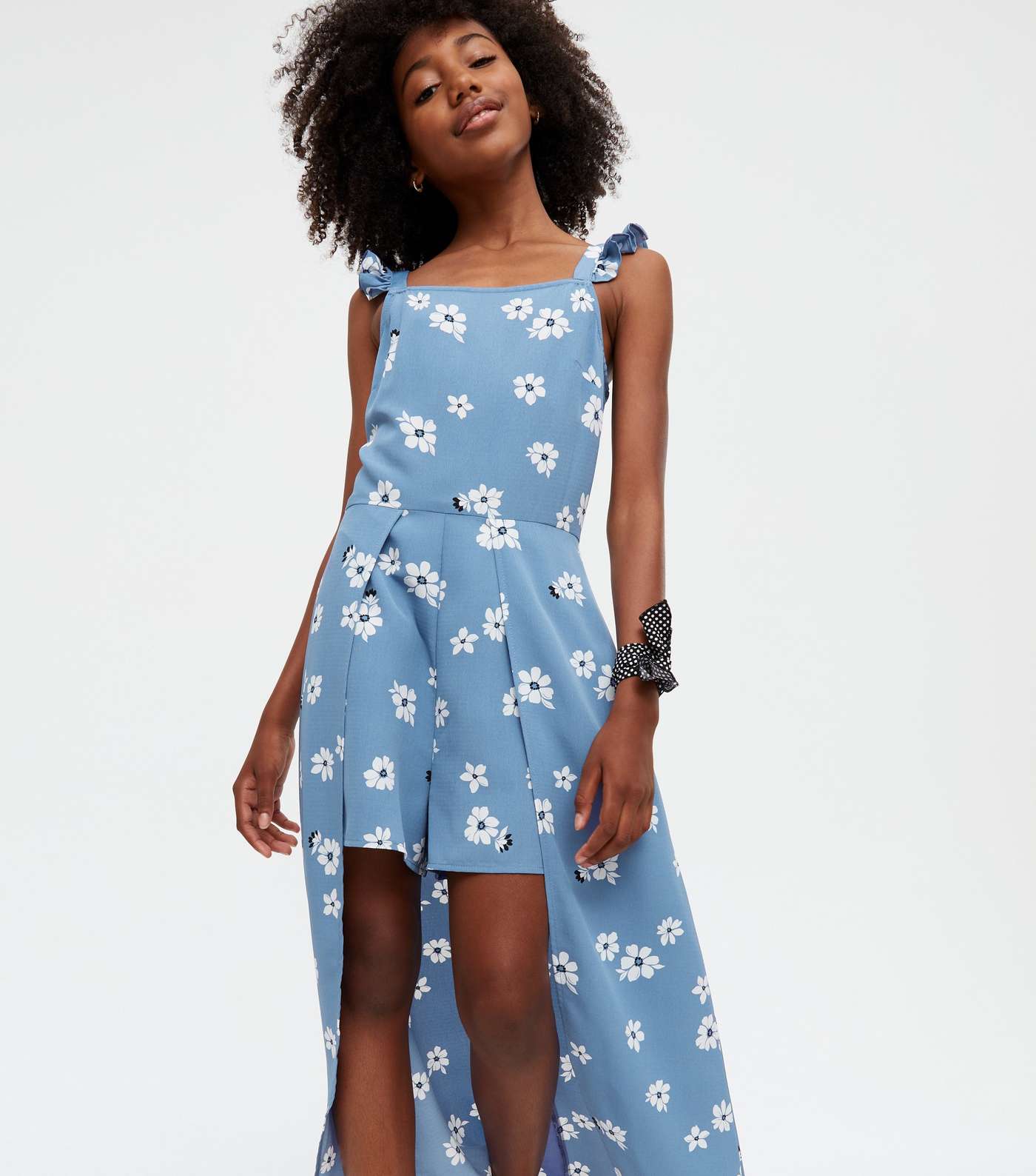 Girls Blue Floral Frill Maxi Playsuit Image 2