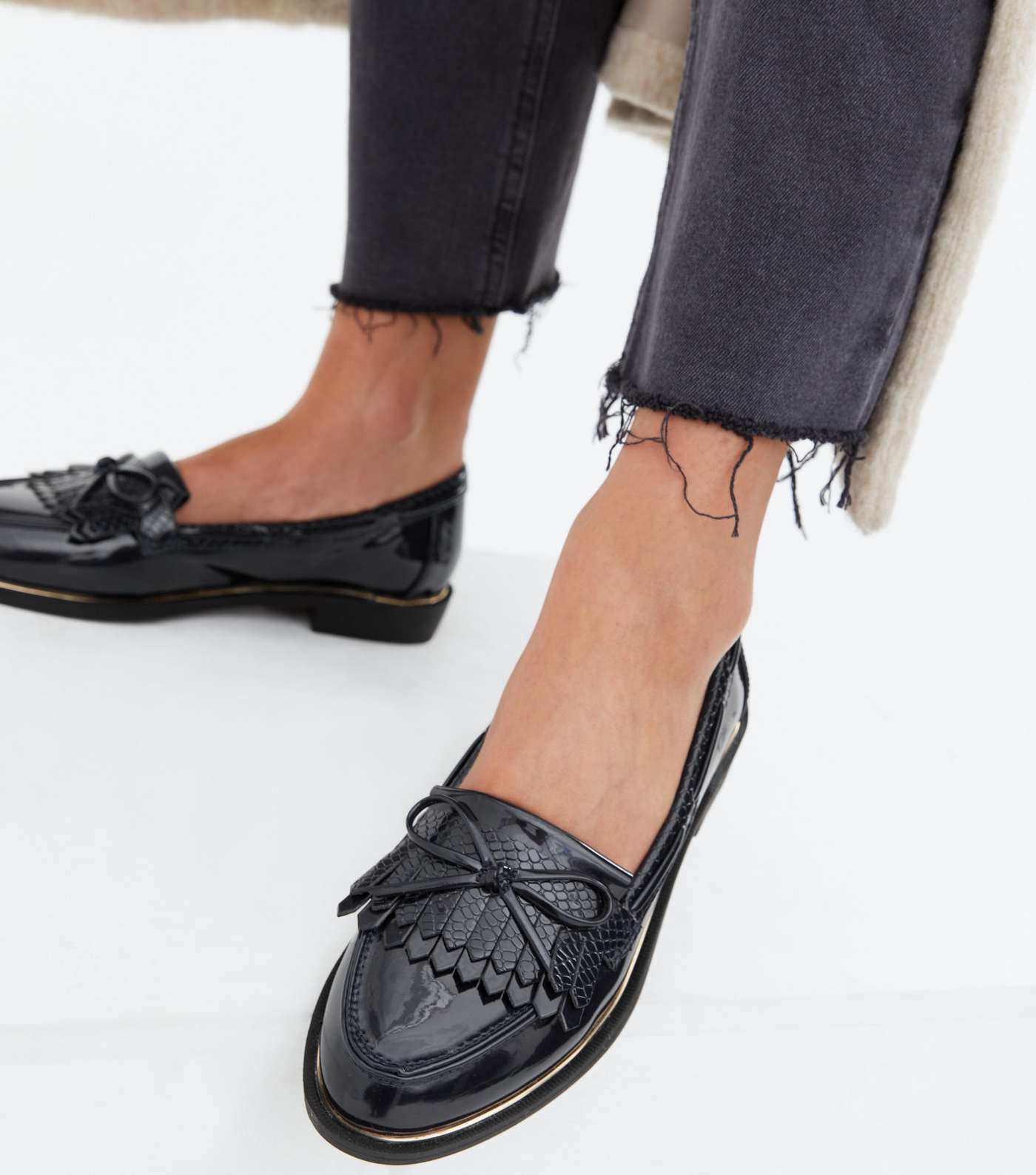 Navy Patent Bow Tassel Loafers Image 2