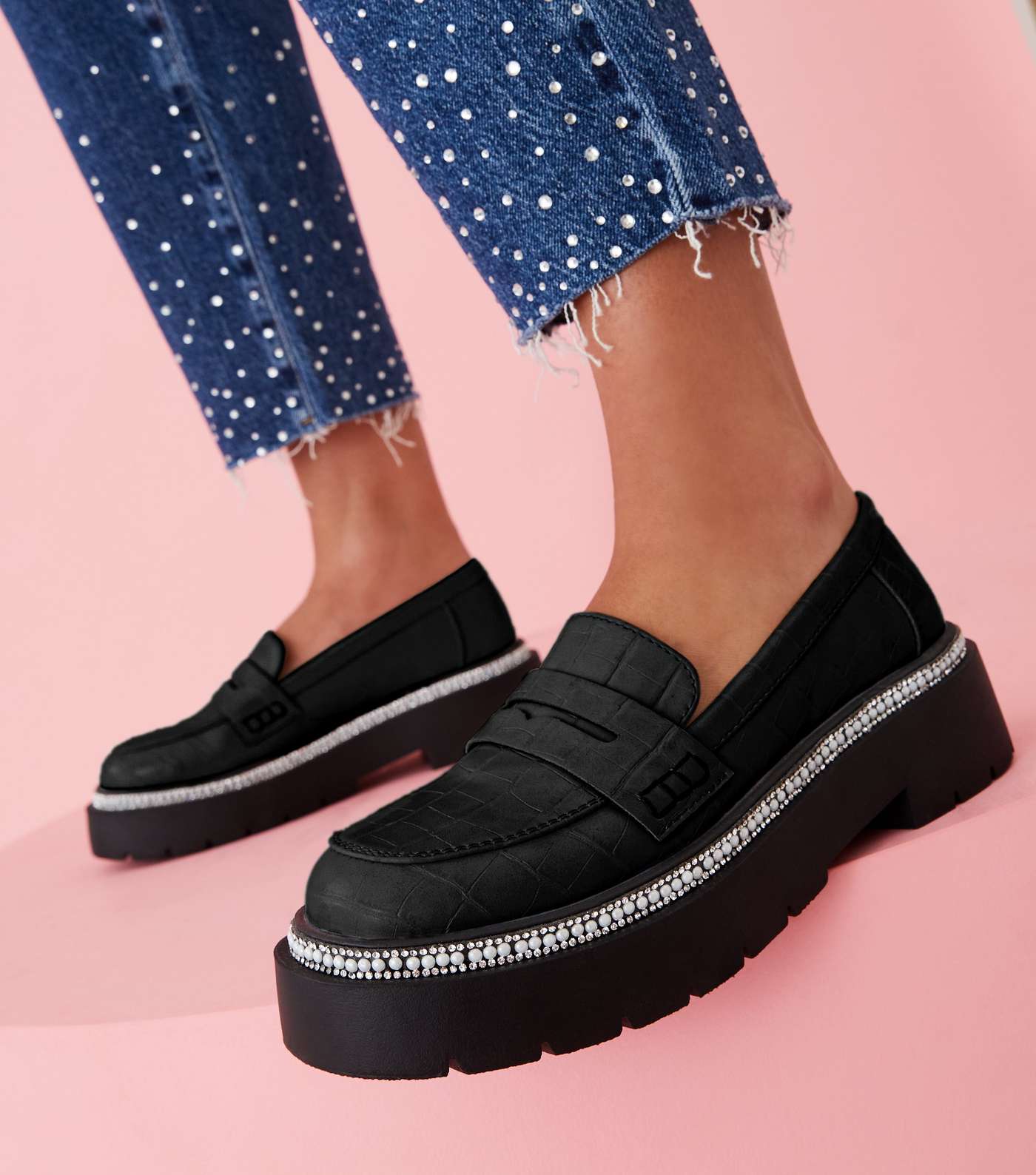 Live it Up Black Faux Croc Embellished Chunky Loafers