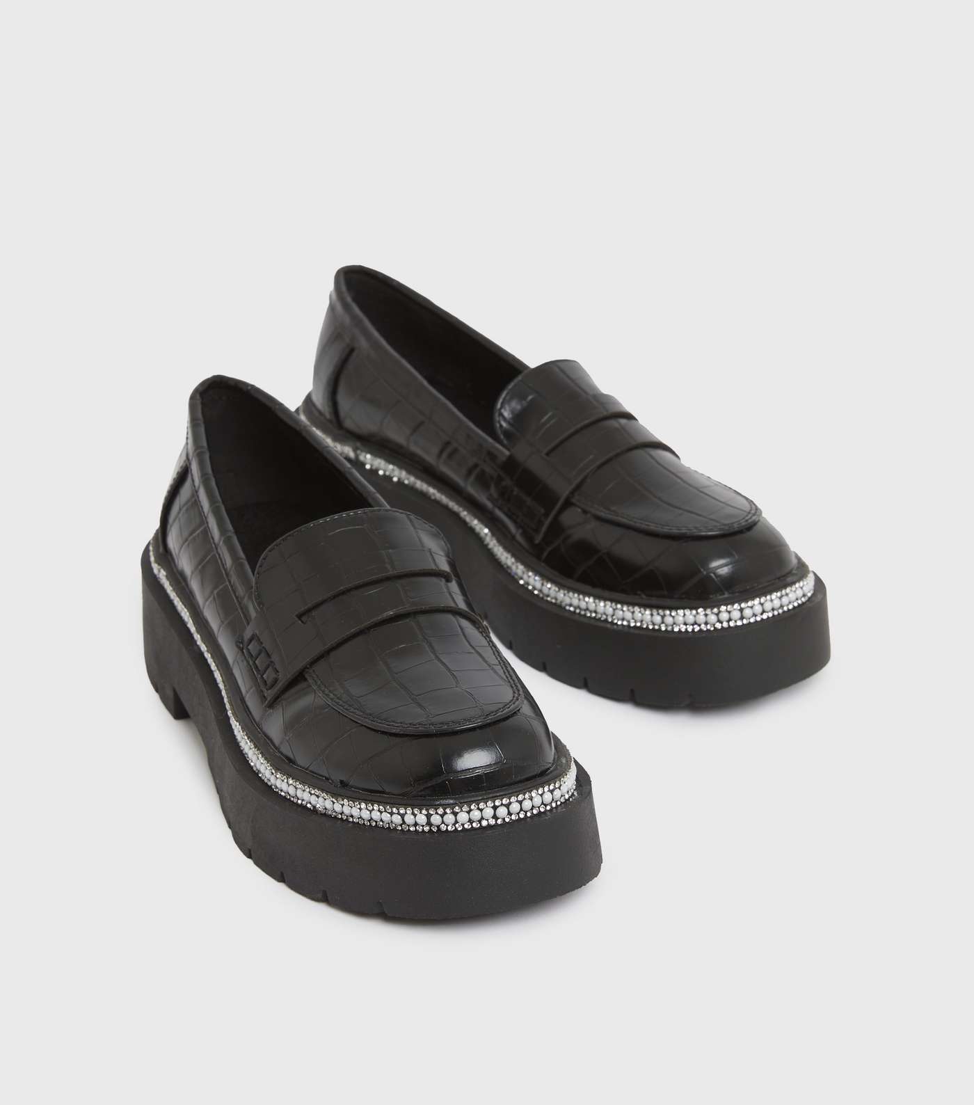 Live it Up Black Faux Croc Embellished Chunky Loafers Image 3