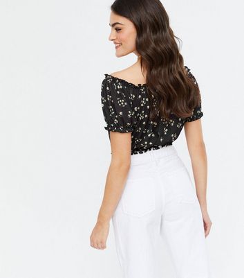 NEW LOOK-Noir Plissée Bardot Crop Top-Taille 14-Bnwt