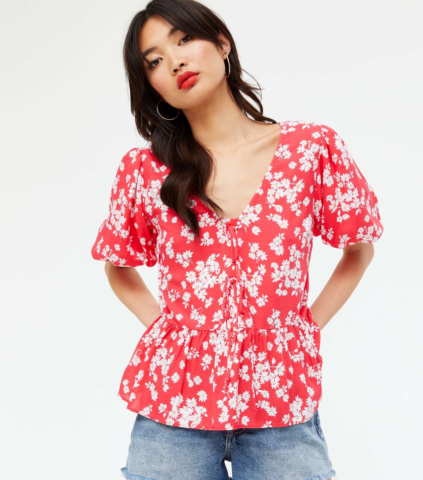 Red Ditsy Floral Tie Front Peplum Tea Blouse 