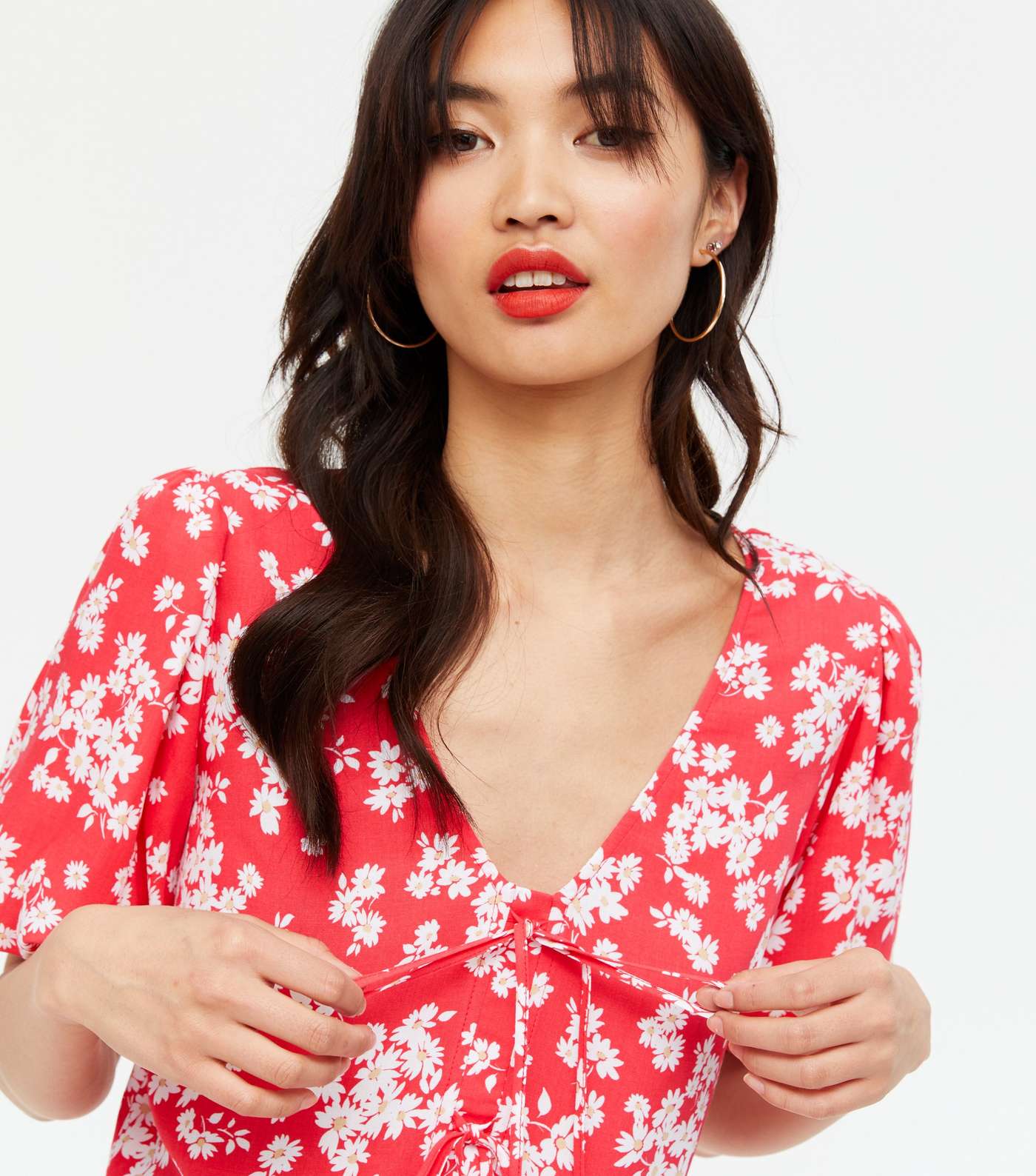 Red Ditsy Floral Tie Front Peplum Tea Blouse  Image 3