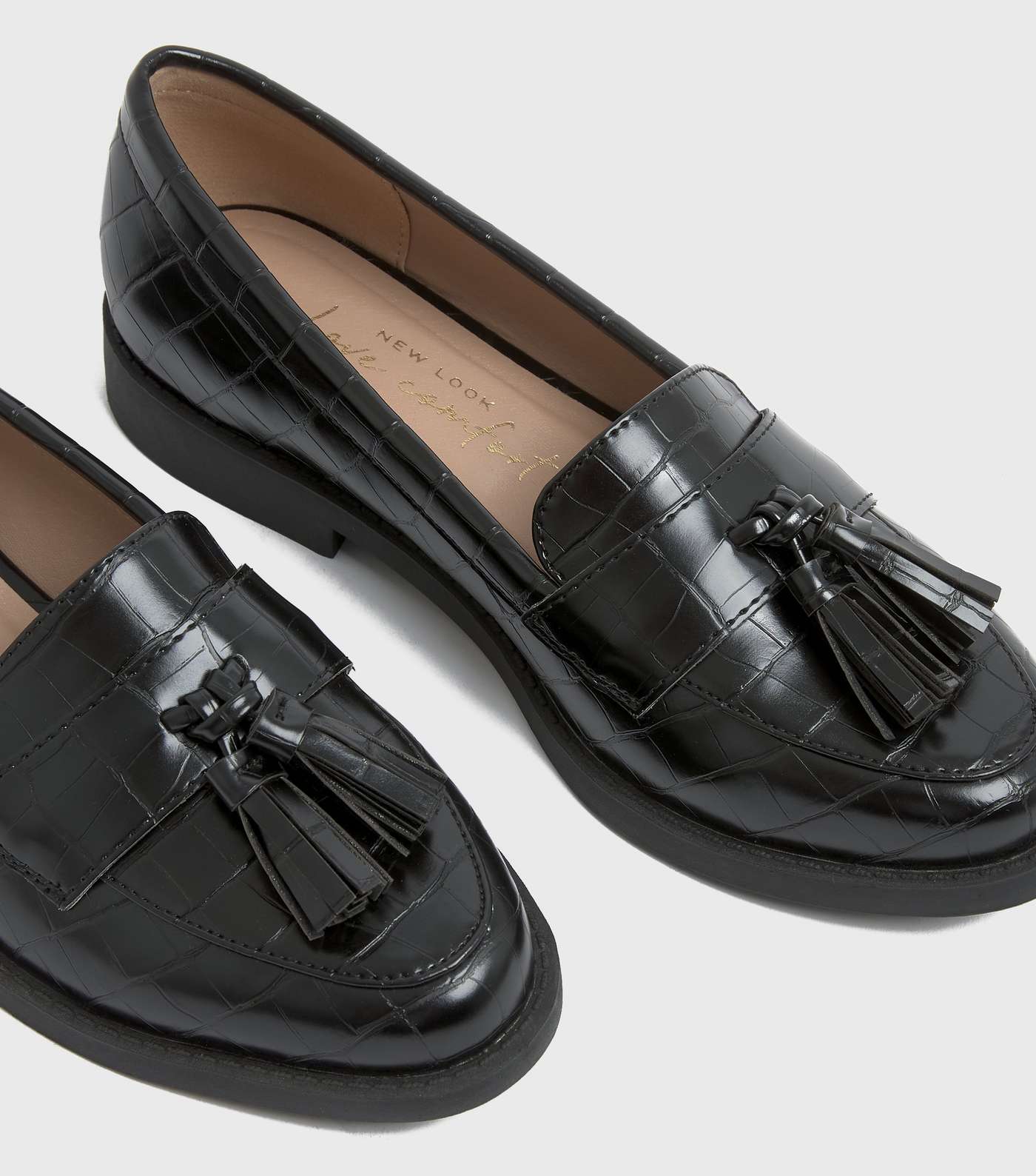 Black Faux Croc Tassel Loafers Image 3