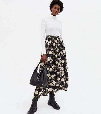 Damen Bekleidung VILA Black Floral High Waist Midi Skirt