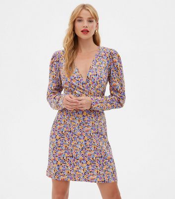 VILA Blue Floral Puff Sleeve Mini Wrap Dress | New Look