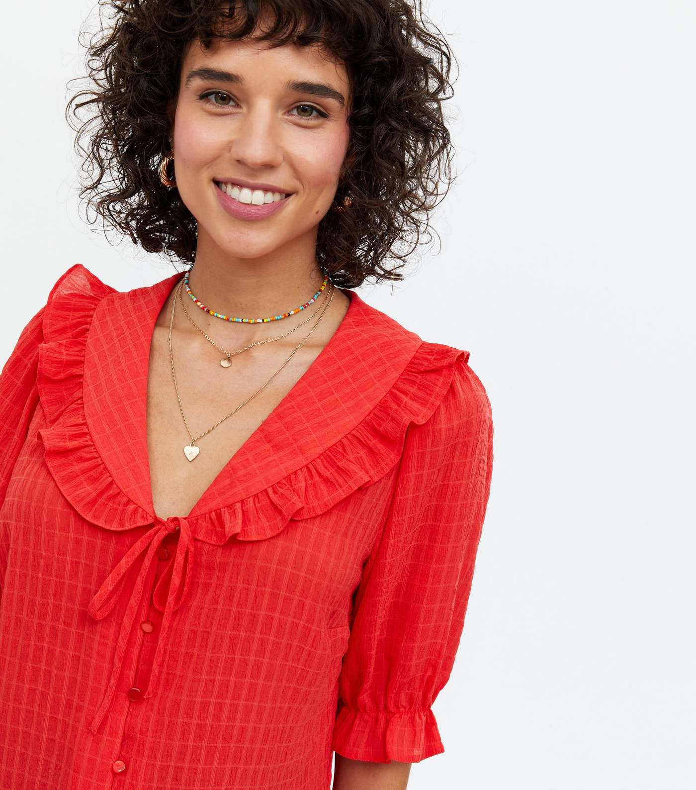 Red Ruffle Collar Button Blouse 