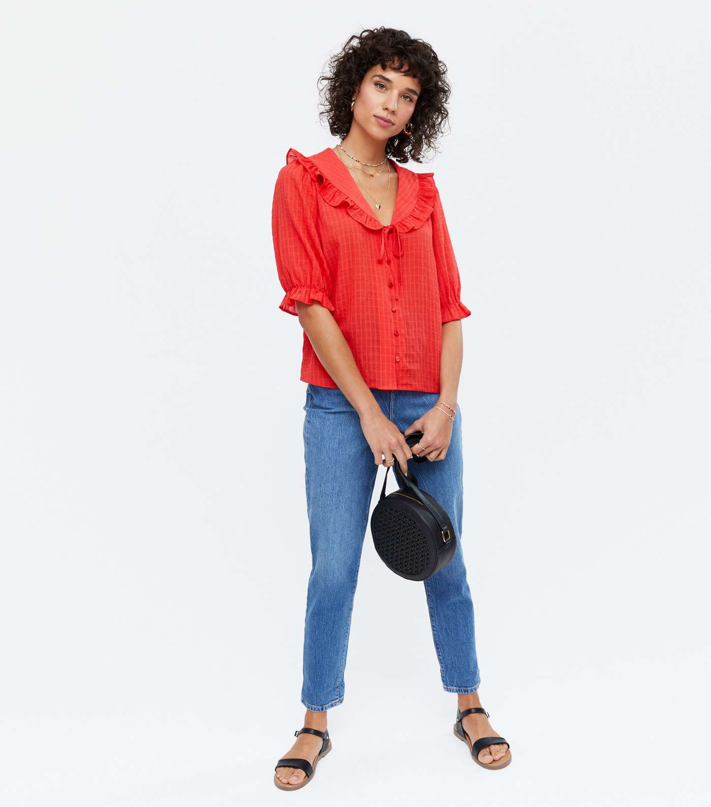 Red Ruffle Collar Button Blouse  Image 3