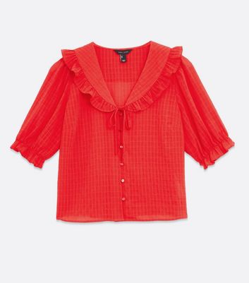 Red Ruffle Collar Button Blouse | New Look