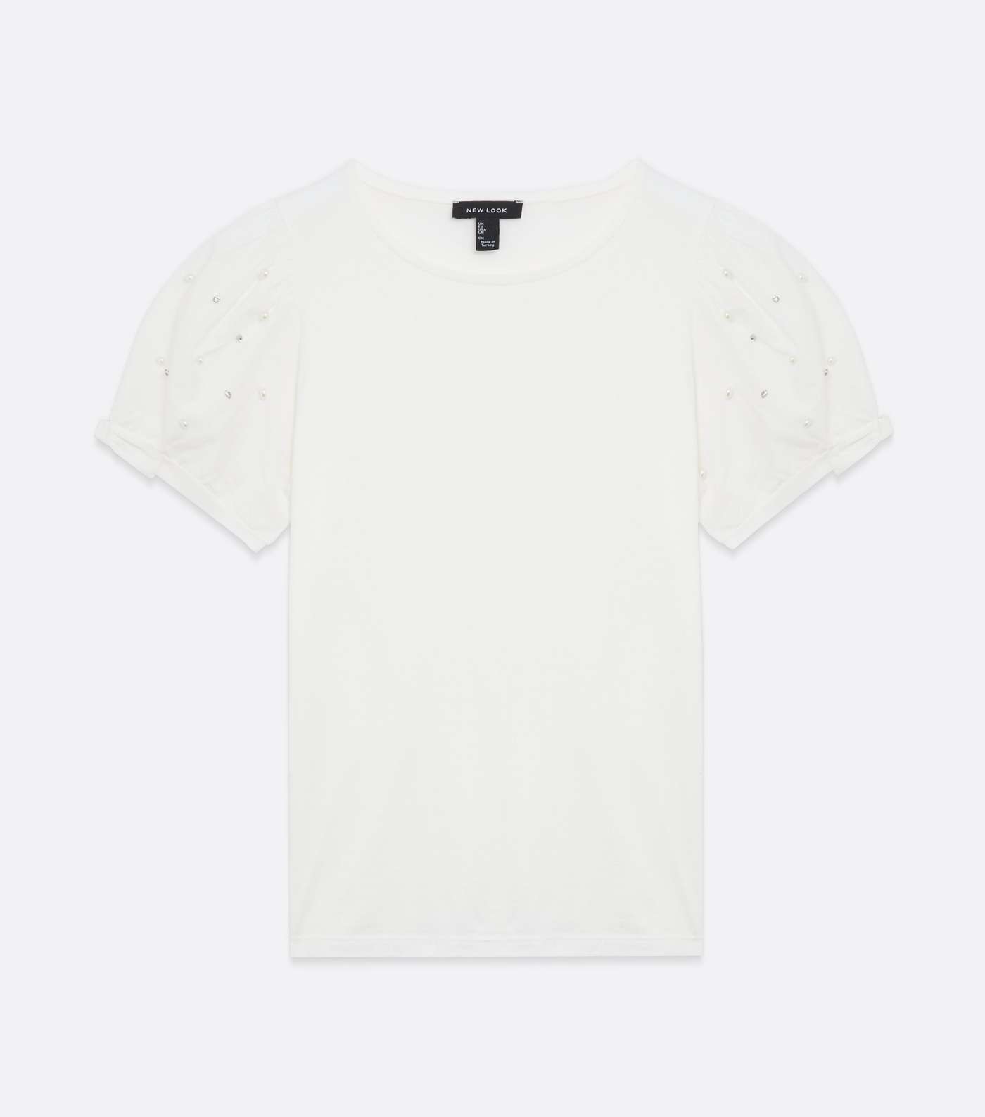 Off White Poplin Faux Pearl Puff Sleeve T-Shirt Image 5