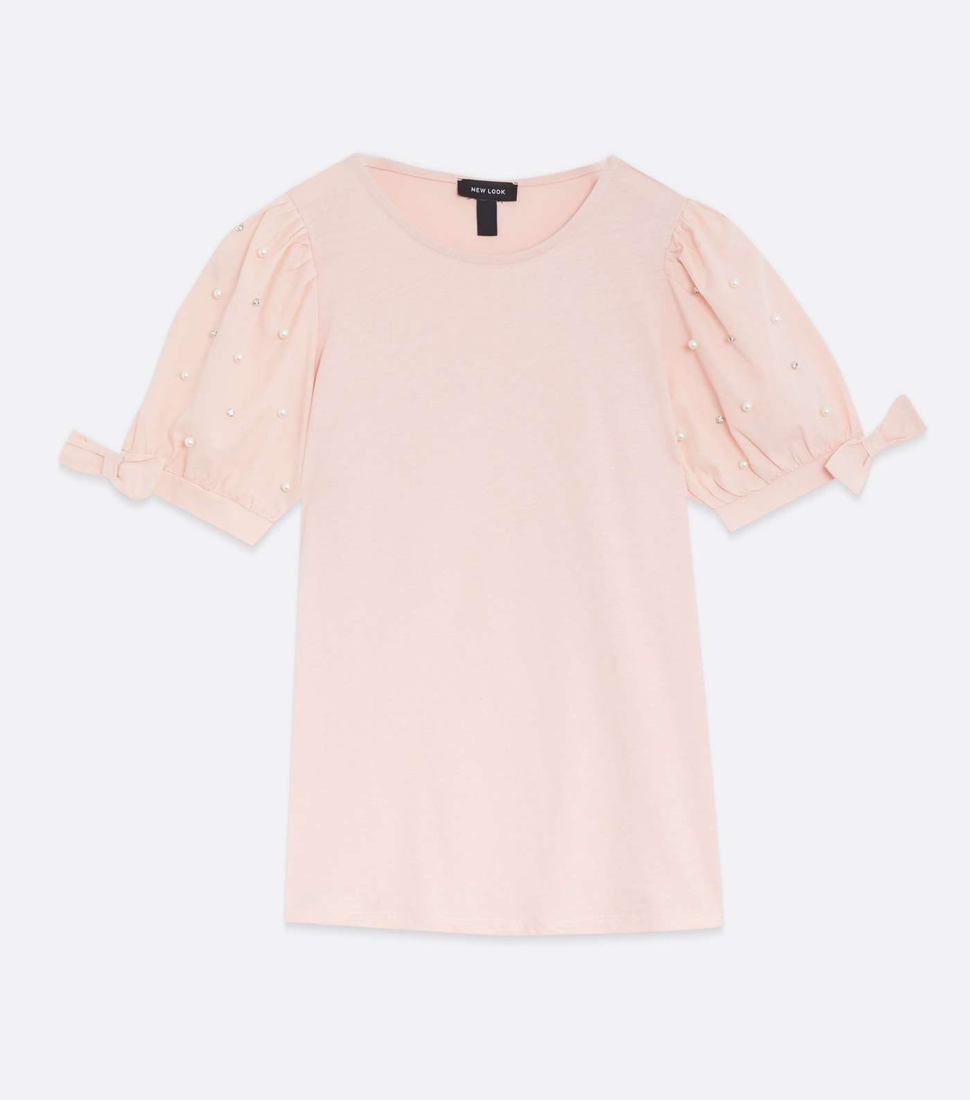 Pink Poplin Faux Pearl Puff Sleeve T-Shirt  Image 5