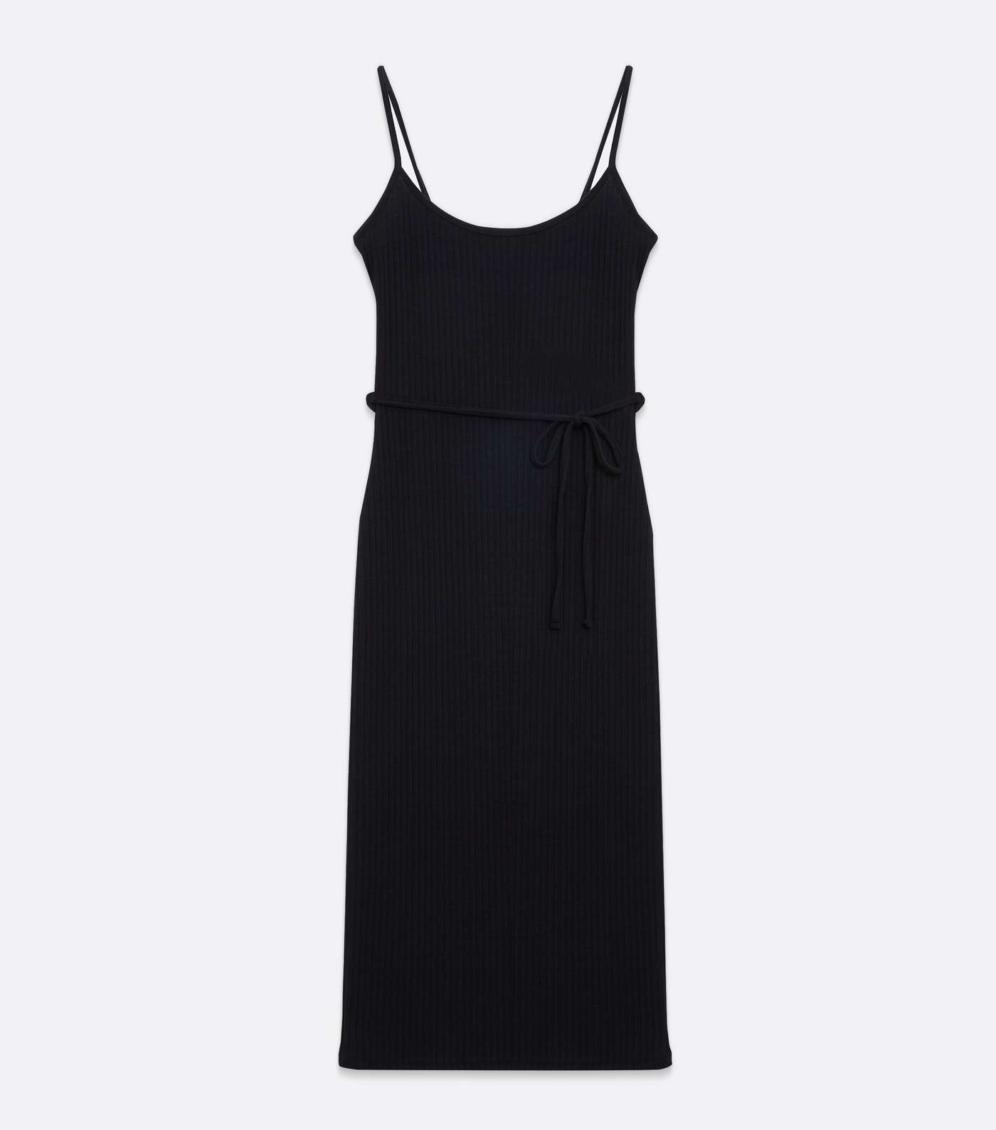 Black Ribbed Tie Waist Strappy Midi Dress Image 5
